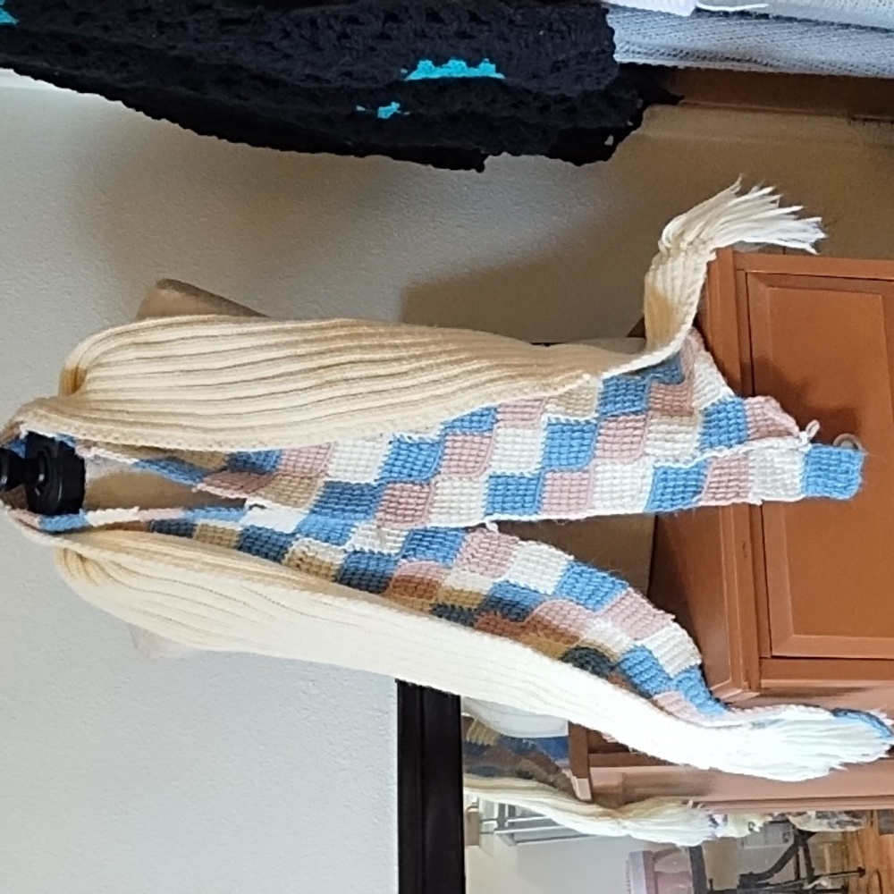 Wrap scarf Winter Handmade Knit Checkered Scarf - Blue, Pink, Cream - Picture 4 of 6